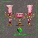 سه تیکه شمعدان و میوه خوری مدل برلیان کریستال سازان صورتی رنگ کد CS1246