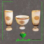 سه تیکه گلدان و کاسه پایه دار کریستال سازان مدل نقشینه شیری کد CS1272